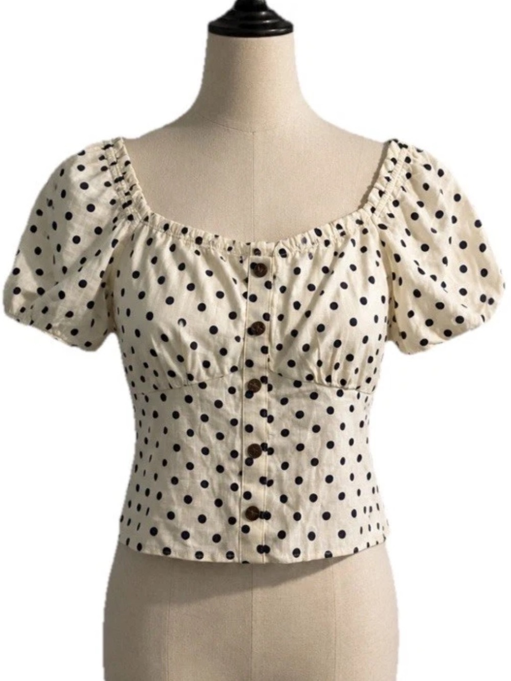 Monteau Los Angeles Ivory Black Polka Dot Smocked Cropped Puff Sleeve Linen Top